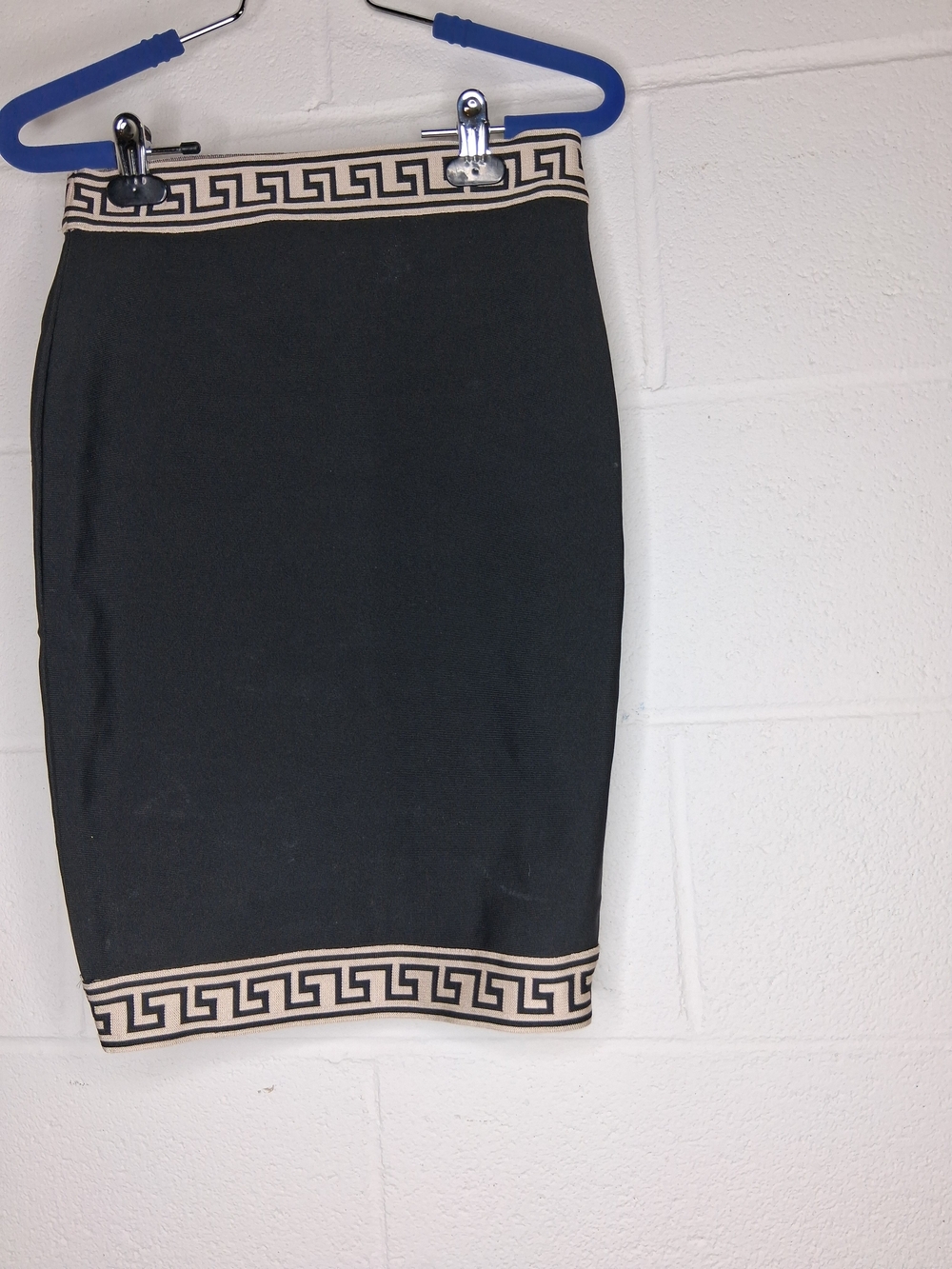 Black Pencil Skirt with Cream Greek Key Trim by
